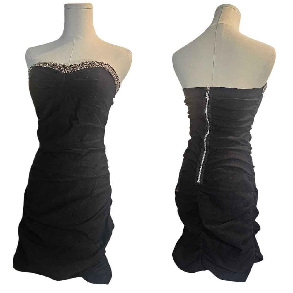Black Bodycon Dress Size 7 Small Rayon Ruched Beaded Strapless